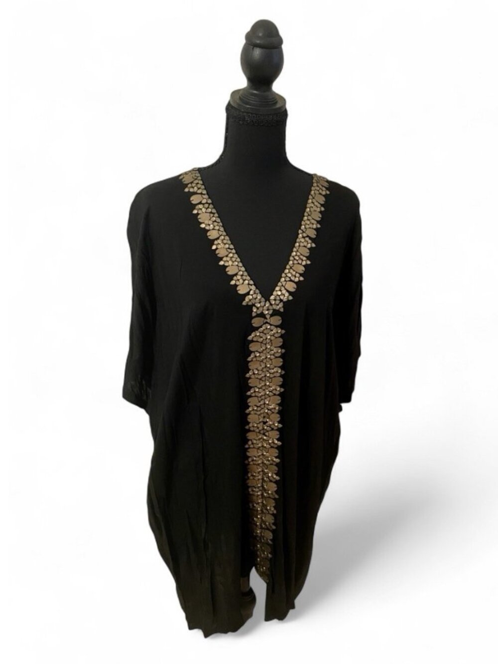 Ava Sky Honolulu Black Gold Beaded Flowy Tunic Top Kaftan Cover Up Resortwear OS